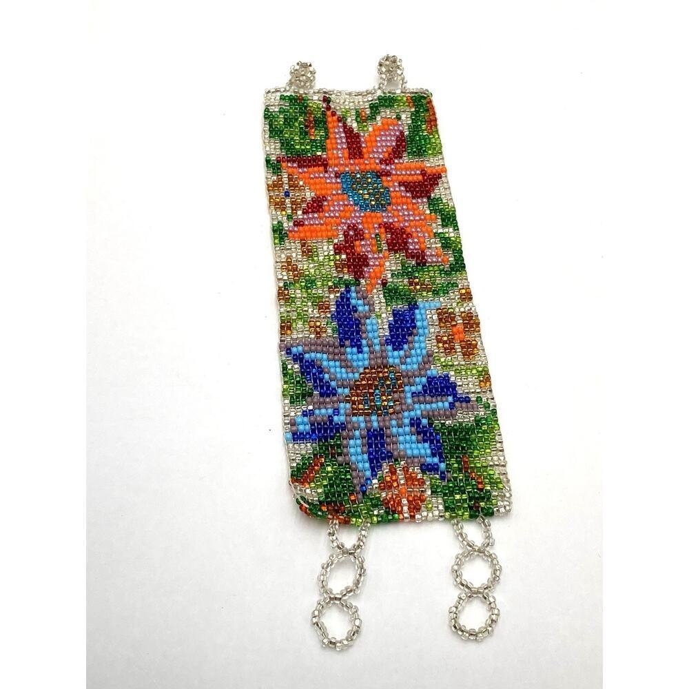 Beaded Cuff Bracelet Wide Artisan Handmade Flowers